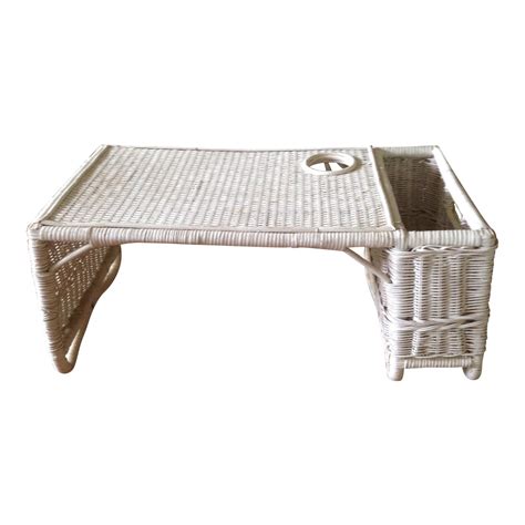 The all white bedroom furniture gives this room a look of purity and tranquility. Vintage White Wicker Bed Tray | Chairish