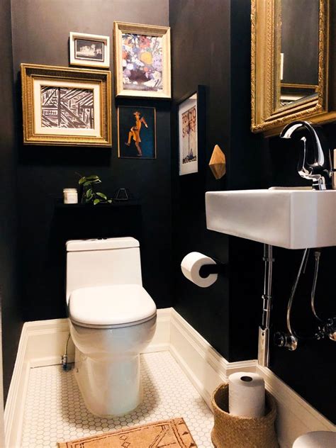 Tiny Powder Room Gets A Moody Boho Makeover Toilet Room Decor Black