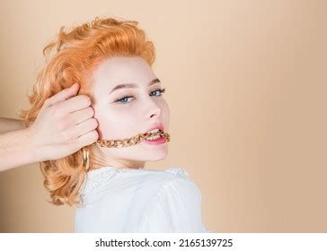 Redhead Woman Close Portrait Golden Chain Stock Photo