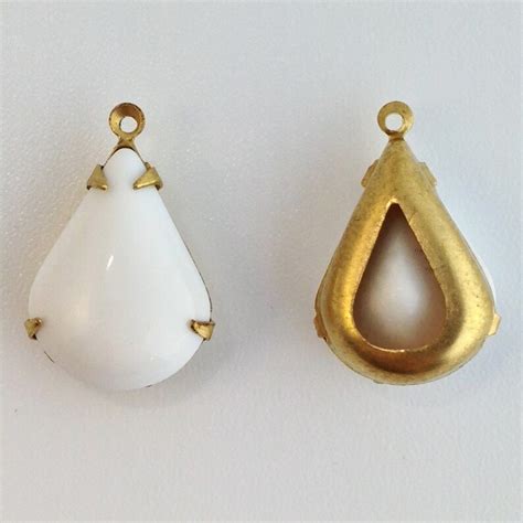 Vintage White Glass Teardrop Stones 1 Loop Brass Setting Etsy