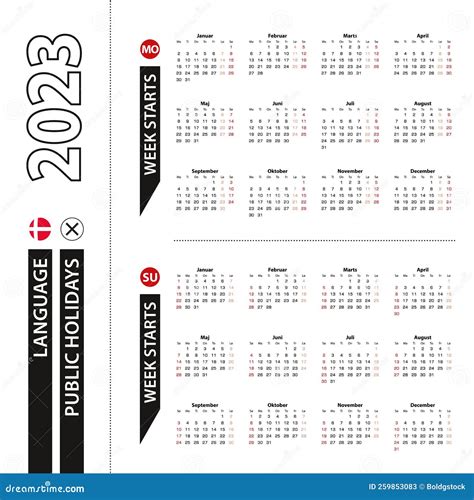Two Versions Of 2023 Calendar In Danish Week Starts From Monday And