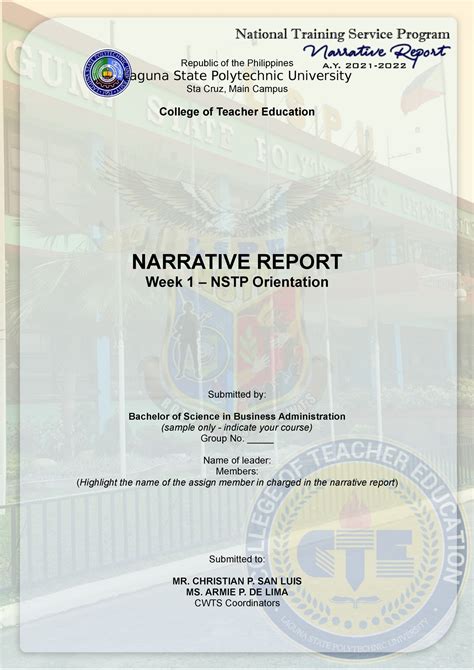 Nstp Narrative Report Format Republic Of The Philippines Laguna State