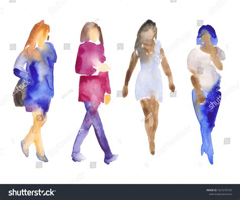 Hand Drawn Watercolor Illustration People Silhouettes Stock
