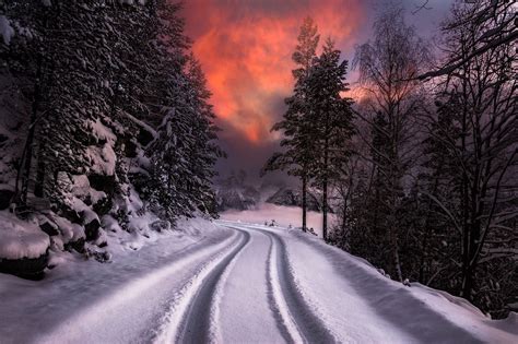 Winter Sunset And A Snowy Road Norway By Jørn Allan Pedersen On