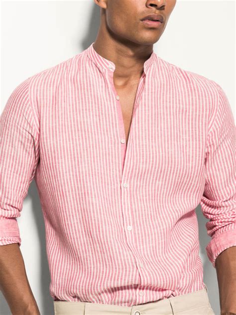 Massimo Dutti Pink Striped Linen Mao Shirt Camisa De Moda Ropa De