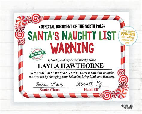 santa certificate printable naughty list warning santa s etsy canada