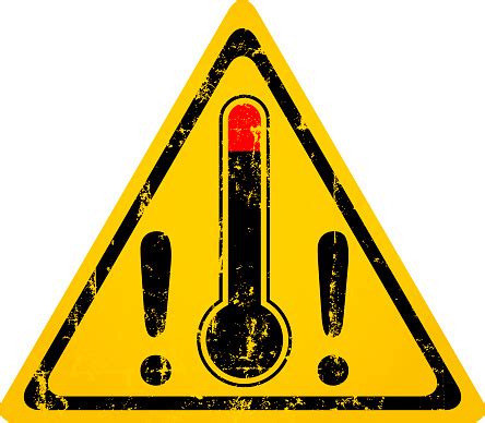 The symbol consists of a black exclamation point in a yellow equilateral triangle with a bold, black outline. Heat Warning Sign With Thermometer Grungy Style Vector ...