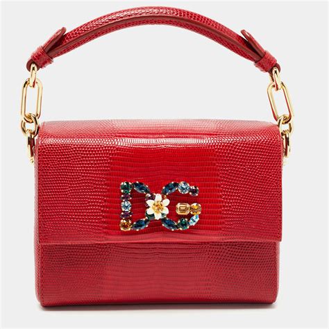 Dolce And Gabbana Red Lizard Embossed Leather Dg Millennials Top Handle