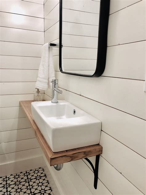 Small Powder Room With Shiplap Walls Cement Floor Tiles Wall Mounted