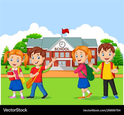 Happy School Children In Front School Royalty Free Vector