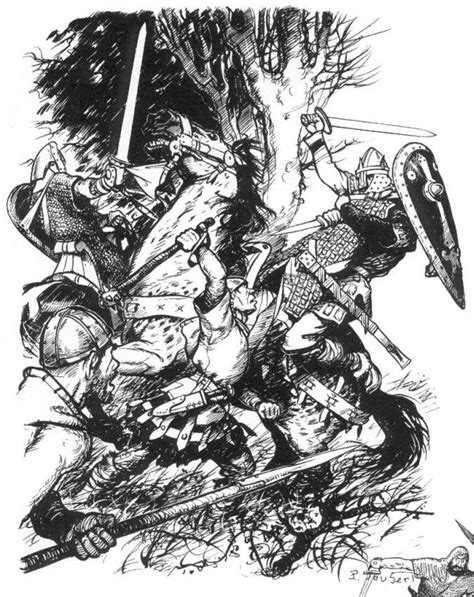 A Black And White Drawing Of Knights Fighting With Each Other In Front