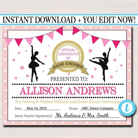 Editable Dancer Certificate Instant Download Dancing Award Dancer