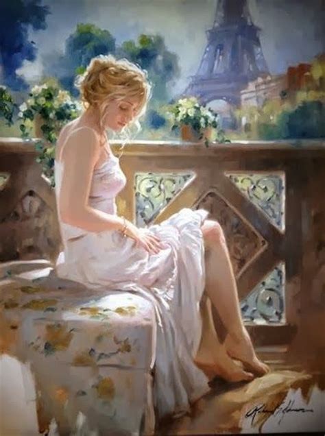 A Painting Of A Woman Sitting On A Bench In Front Of The Eiffel Tower