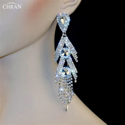 Chran New Earing Wedding Bridal Rhinestone Crystal 5 Long Silver Gold