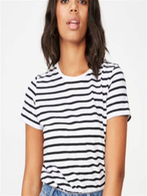 Buy Cotton On Women White And Black Striped Round Neck T Shirt Tshirts