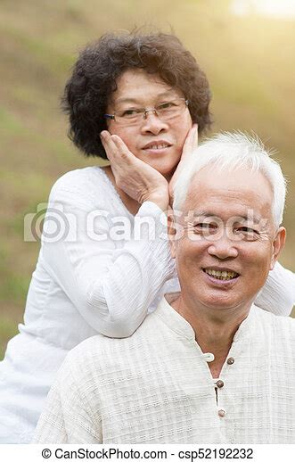 Mature Asian Couple Relaxing Outdoor Happy Elderly Asian Old Mature At