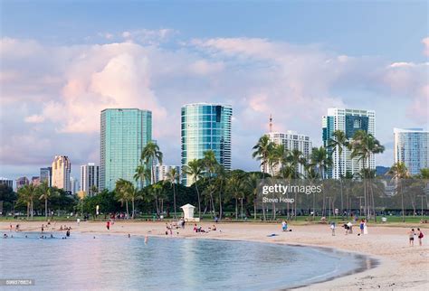 Skyline Of Honolulu Over The Beach From Ala Moana Beach Park Hawaii At