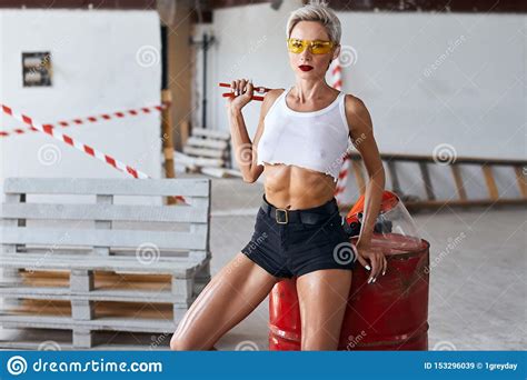 Hot Woman Plumber In Transclucent White T Shirt Having A Breat During Work Stock Image Image