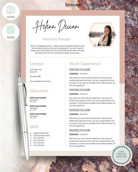 Pink Cv Resume Template For Ms Word And Mac Pages Cv Etsy In