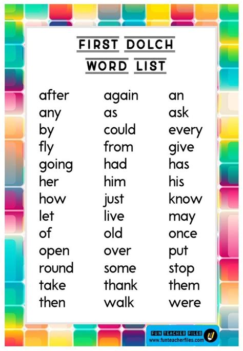 Pre Primer Dolch Sight Words Printable