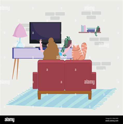 Woman With Cat Watching Tv Stock Vector Image And Art Alamy