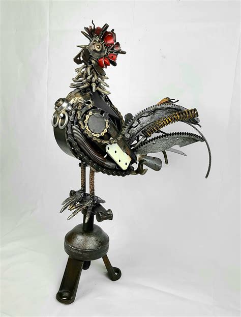 Reclaimed Scrap Metal Sculpture Art Perched Crowing Rooster Etsy