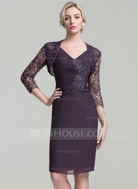 sheath column v neck knee length chiffon mother of the bride dress with ruffle beading appliques