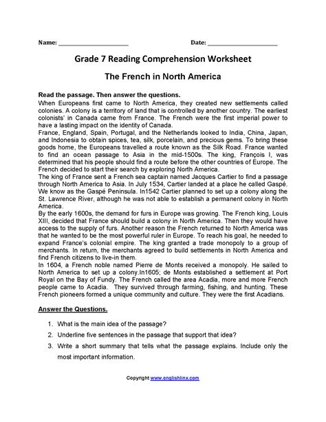 Grade 7 Reading Comprehension Worksheets Pdf Amulette