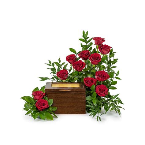 Cremation Urn Flower Arrangement With Roses And Lush Foliage Petal