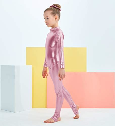 Kepblom Girls Shiny Metallic Mock Neck Unitard Long Sleeve Zipper Back