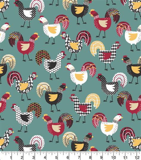 Patterned Chickens Teal Novelty Cotton Fabric Joann