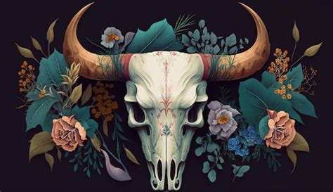 Premium Ai Image There Is A Bull Skull With Horns And Flowers On A