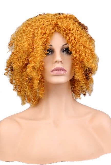 Qqxcaiw Ladies Kinky Curly Afro Wig Party Gold Blonde Long Synthetic