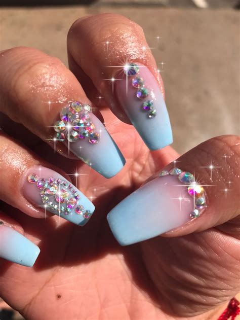 Blue ombre acrylic Nails, Color Powder with rhinestones ... Top 50 cute acrylic nail designs that you must try!