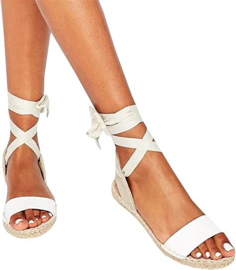 Sheleau Womens Tie Up Flat Espadrilles Sandals Peep Toe Ankle Strap Classic Lace Up Shoes 40 Eu