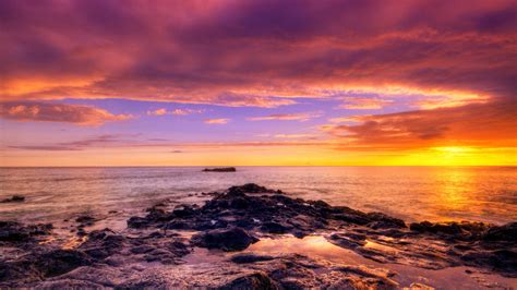 Landscape Nature Sunset Clouds Sea Rock Reflection Water Coast Sky Wallpapers Hd
