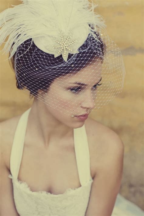 weddings ivory birdcage veil bridal hat feather fascinator etsy