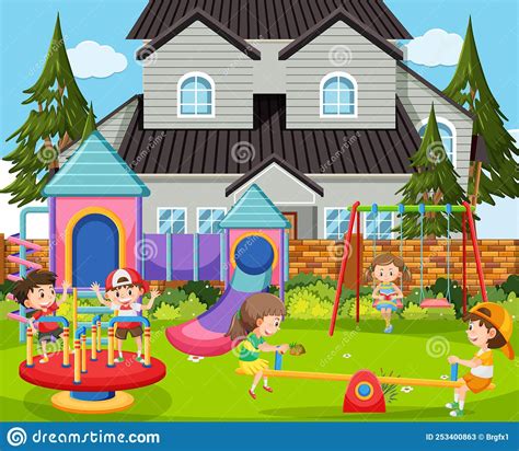Children Playing In Front Of School Playground Stock Vector