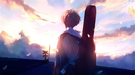 Download Aesthetic Anime Boy Sky And Guitar Wallpaper