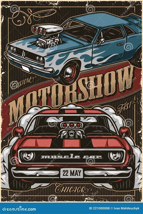 Custom Cars Motorshow Vintage Colorful Poster Stock Vector