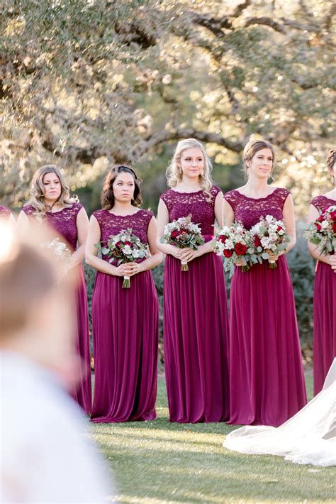 Wine Bridesmaids Dresses With Bridesmaids Bouquets Overflowing With