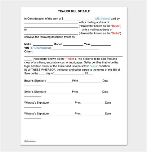 Trailer Bill Of Sale Form Fillable Printable Pdf And Forms Porn