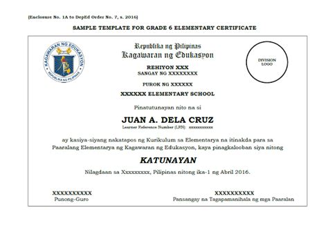 Sample Template Grade 6 10 12 Certificate Deped Lps Free High