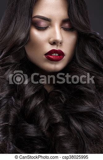 Beautiful Brunette Model Curls Classic Makeup And Red Lips The Beauty Face Beautiful