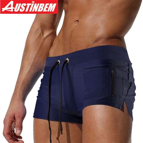 Austinbem Swimwear Men Zipper Pocket Swimming Trunks For Men Swimsuit