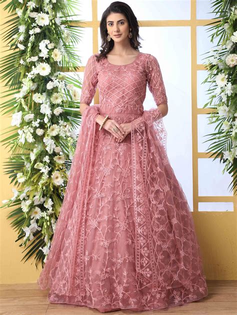 Dusty Pink Net Designer Thread Embroidered Flared Anarkali Gown Long Gown Dress Net Gowns