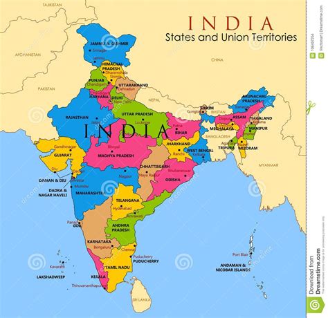 Detailed Map Of India Asia With All States And Country Boundary Stock