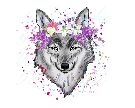 Wolf With Flowers Png Wolf Sublimation Designs Wild Animal Sublimation