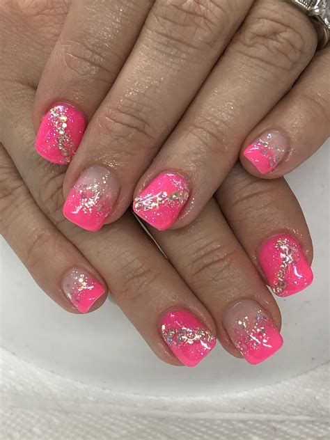 Hot Pink Rhinestone Ombré Glitter Gel Nails Pink Gold Nails Pink Tip