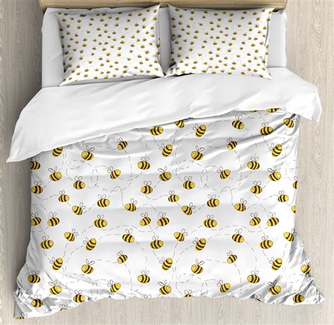 Bee King Size Duvet Cover Set Simplistic Illustration Of Buzzing And